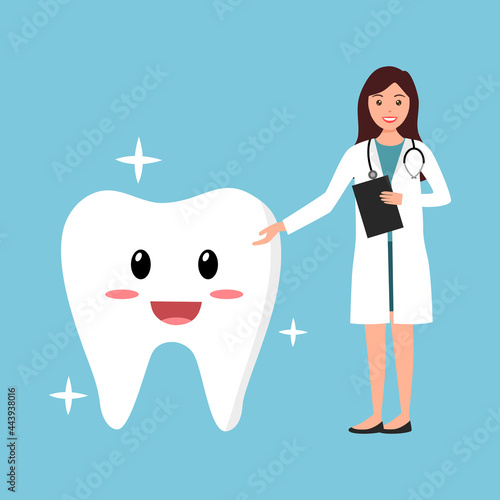 Smiling dentist with tooth cartoon character in flat design. Dental care. Oral health.