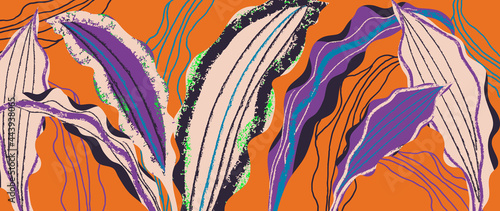 Tropical leaves background vector. It includes leaf shapes, pencils and paint brush texture. Pop art botanical design for fabrics, wallpaper, cards, rugs, ceramics, homewares, gadget skins and more.