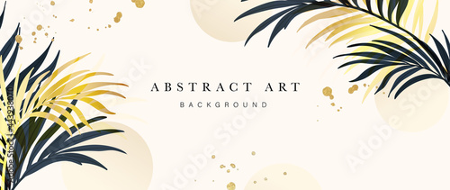 Abstract art gold tropical leaves background vector. Luxury wallpaper with watercolor, tropical leaf framed, palm leaf, flower,Vivid foliage, exotic green and gold brush glitter.