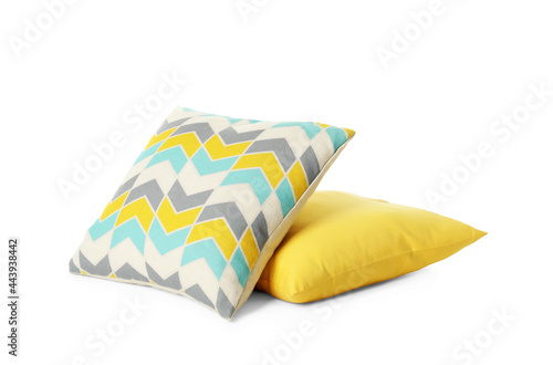 Different colorful decorative pillows on white background photo