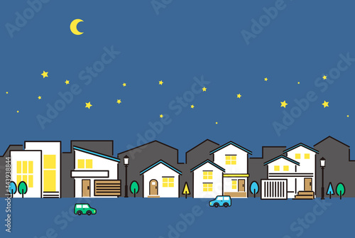 シンプルでかわいい街並みのベクターイラスト素材／夜／真夜中／家