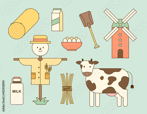 Rural farm objects. Scarecrows made from rice huts and milk from cows. outline simple vector illustration.