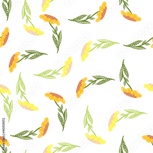 Summer natural seamless pattern with yellow flowers ornament. White background. Floral print. © smth.design