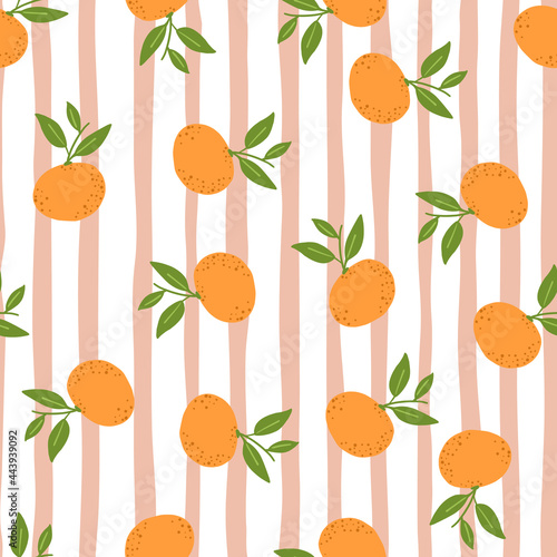 Citrus fruit seamless pattern with random mandarin ornament. Pink and white striped background.