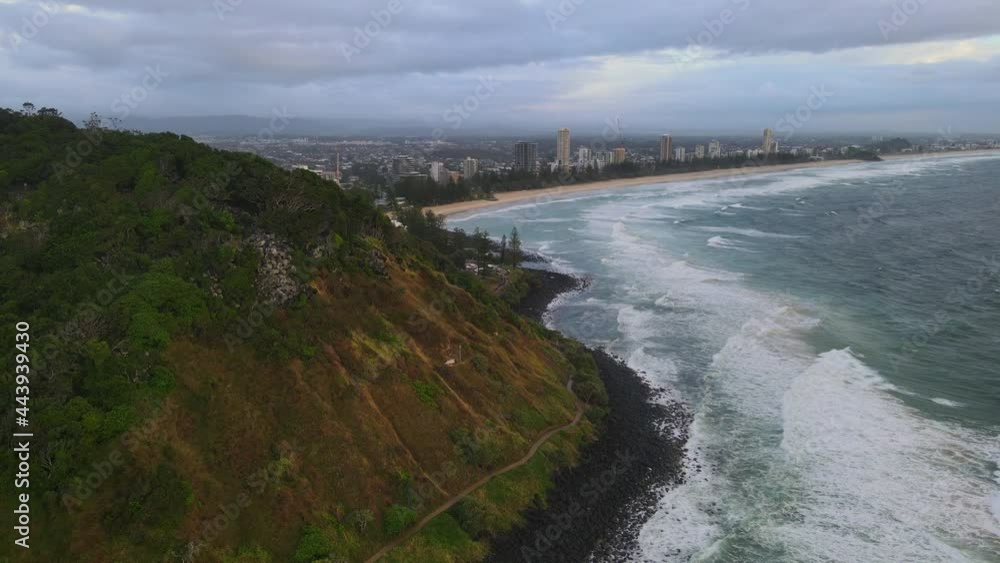 Panoramic View Of Green Headland And Skyline Of Burleigh Heads Suburb In QLD, Australia. aerial Panoramic View Of Green Headland And Skyline Of Burleigh Heads Suburb In QLD, Australia. aerial