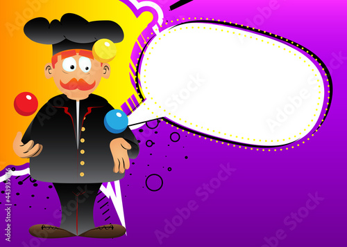 Fat male cartoon chef in uniform as a juggler. Vector illustration. Cook having fun.