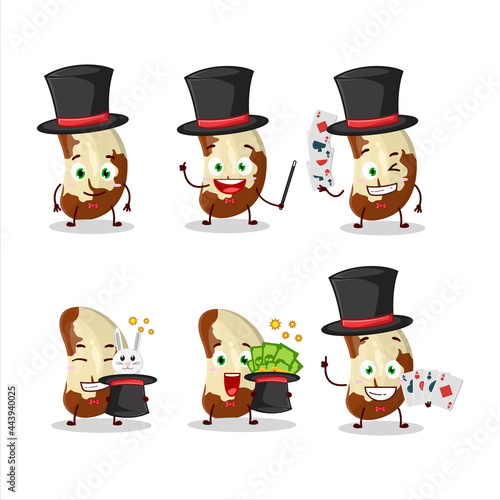A brazil nuts Magician cartoon character perform on a stage