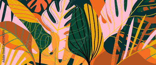 Tropical leaves background vector. It includes leaf shapes, pencils and paint brush texture. Pop art botanical design for fabrics, wallpaper, cards, rugs, ceramics, homewares, gadget skins and more.
