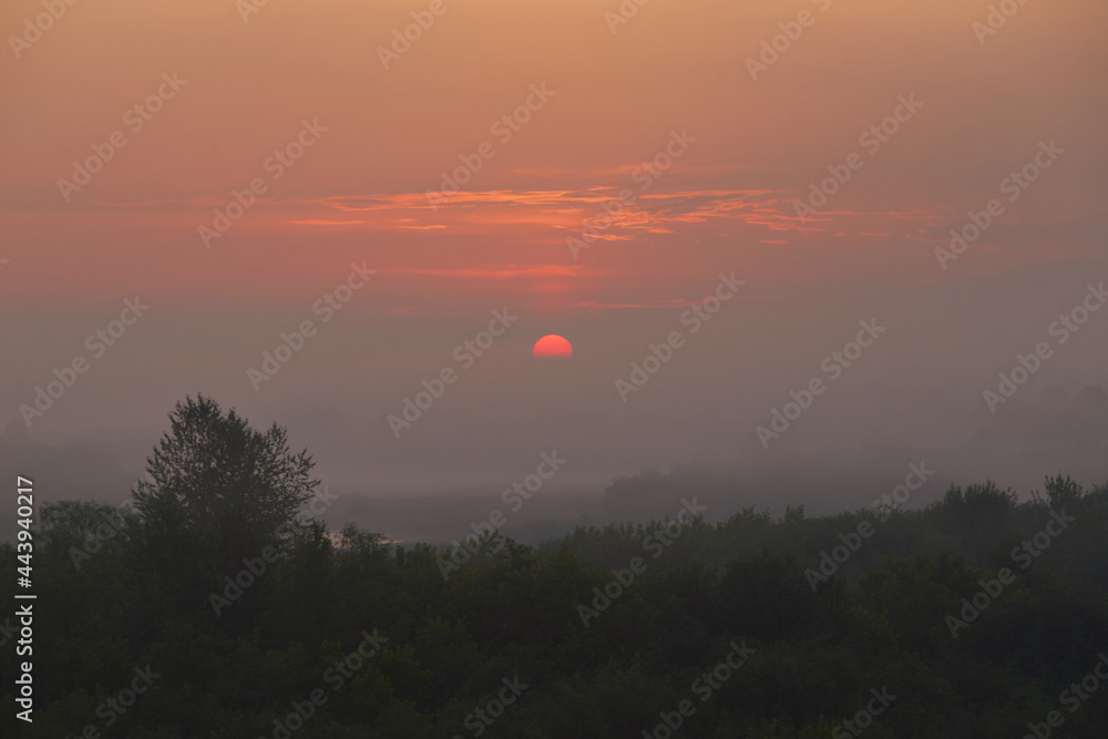 the red disc of the rising sun shines through the morning haze on a summer morning