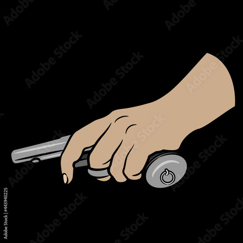 Human female hand holding pistol or gun. Creative concept. Cartoon style.