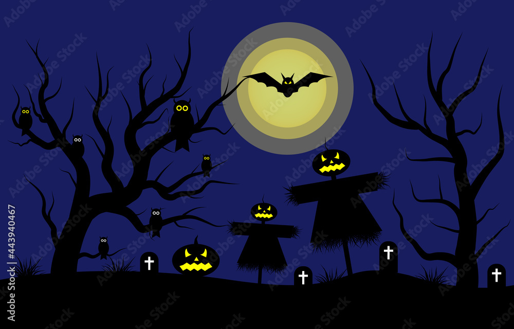 Halloween Night Concept. Owl perched on a branch, Bat, Pumpkin , scarecrow , Tomb with Cross on Blue Background. Design for Happy Halloween banner and card.Vector illustration.