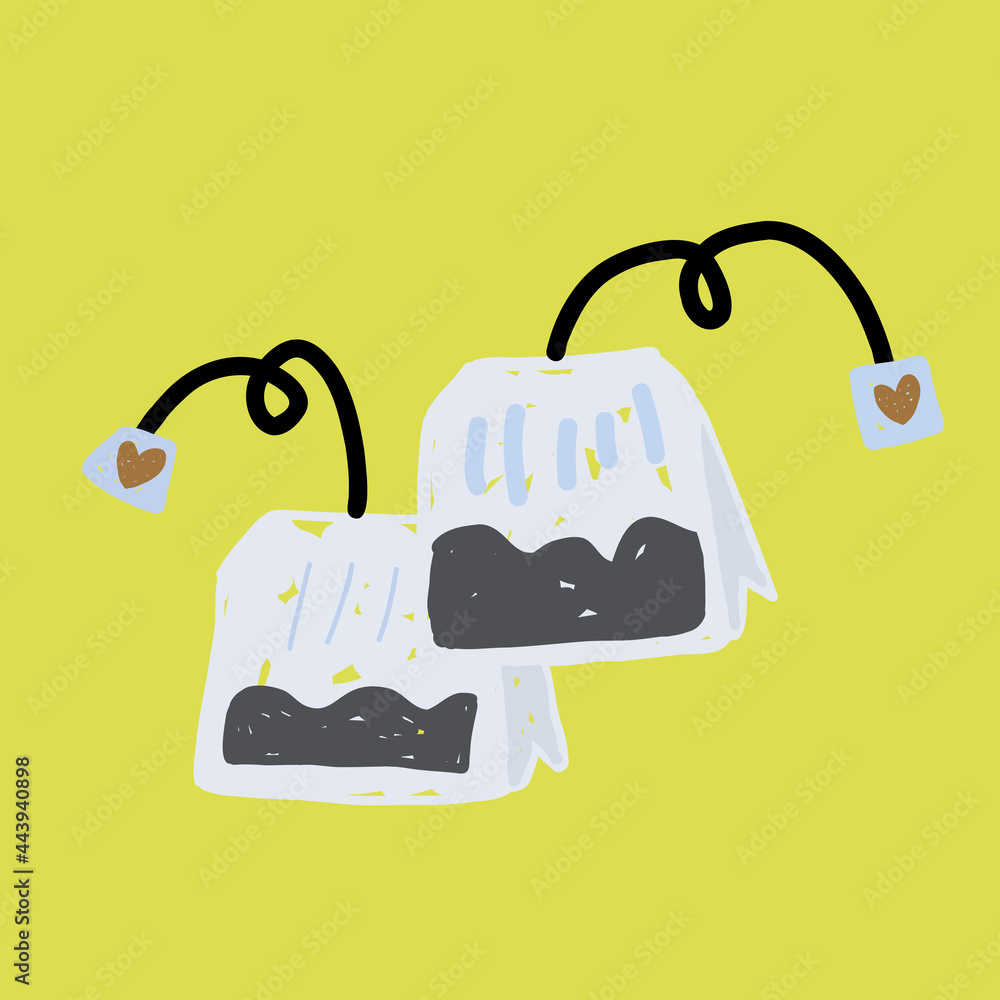 Fototapeta premium Tea bag hand drawn vector illustration. Breakfast or tea time or coffee time concept