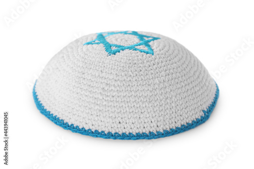 Kippah with Star of David isolated on white. Rosh Hashanah holiday symbol