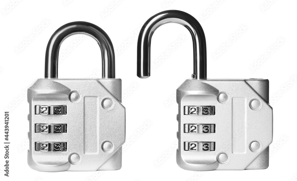 Steel combination padlocks on white background, collage Steel combination padlocks on white background, collage