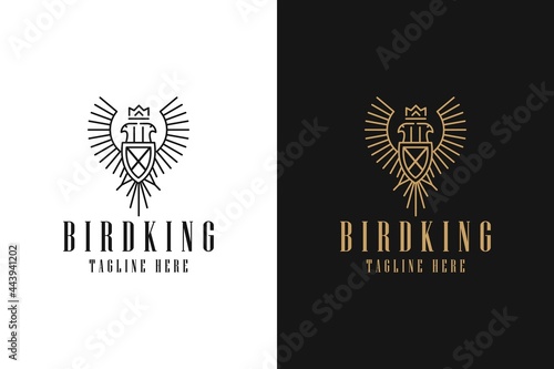 Bird King monoline Logo Design. Eagle Bird wings with crown. with Line Art Style