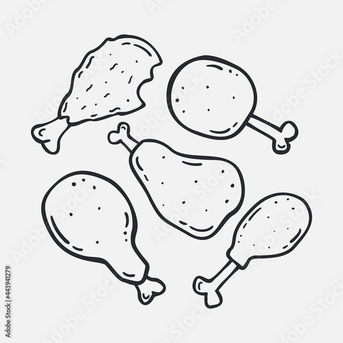 Set Hand drawn Fried Chicken leg icon Design Template. vector sketch doodle illustration. Perfect for food concepts, diet infographics, icons or web design, street restaurants menu