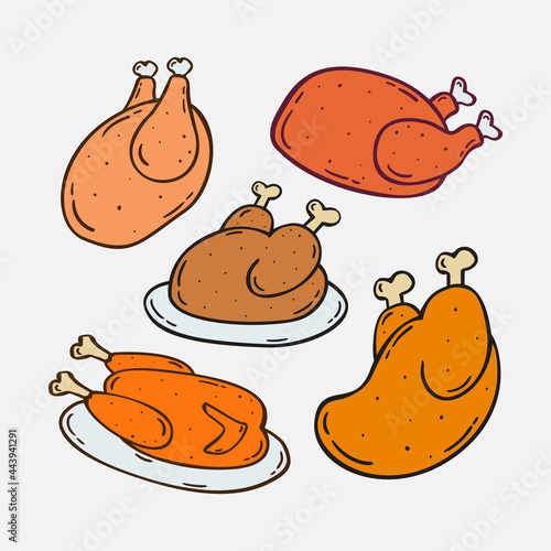 Set Hand drawn roasted chicken icon Design Template. vector sketch doodle illustration. Perfect for food concepts, diet infographics, icons or web design, street restaurants menu
