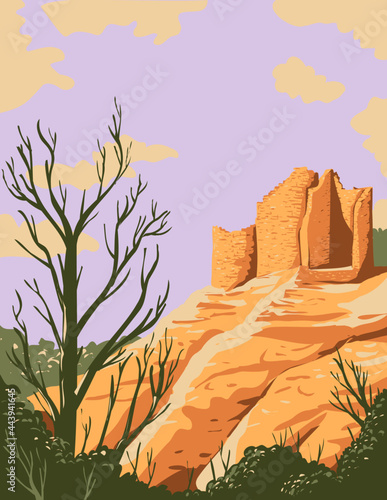 WPA poster art of Cutthroat Castle ruins in Hovenweep National Monument located in Cortez, Colorado and Blanding, Utah on Cajon Mesa of Great Sage Plain USA done in works project administration style.