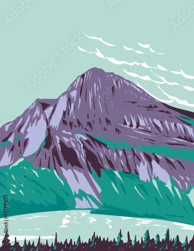 WPA poster art of Hidden Lake with Bearhat Mountain in background located in Glacier National Park, Montana USA done in works project administration style or federal art project style.