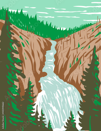 WPA poster art of Kepler Cascades, a waterfall on the Firehole River in southwestern Yellowstone National Park, Wyoming USA done in works project administration style or federal art project style.