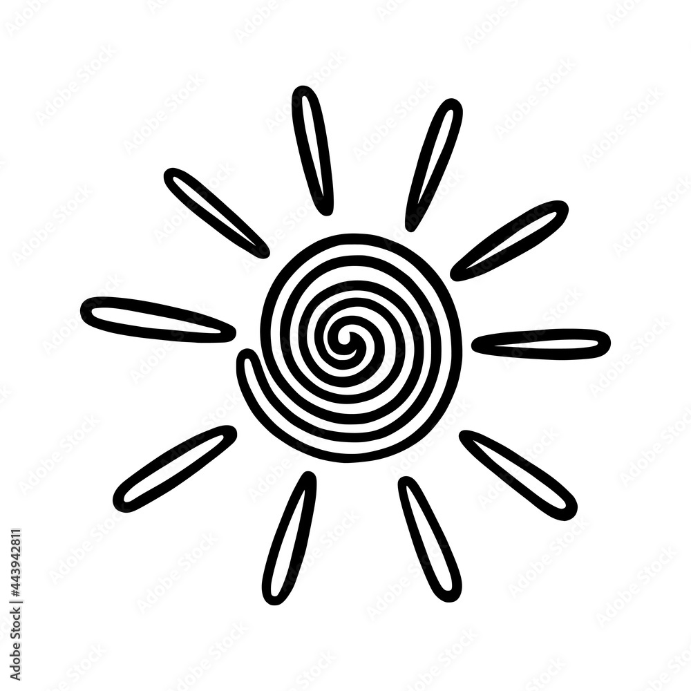 Handdrawn swirled sun with beams. Shining sun in doodle style. Black and white vector illustration isolated in white background Handdrawn swirled sun with beams. Shining sun in doodle style. Black and white vector illustration isolated in white background