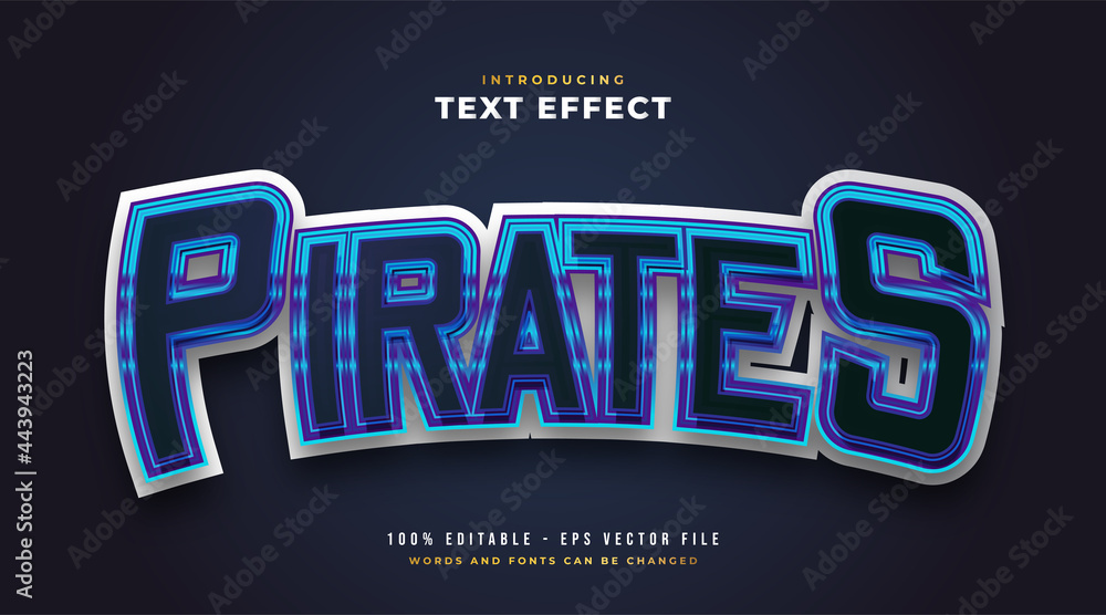 Blue Pirates Text in E-sport Style with Curved Effect. Editable Text Style Effect