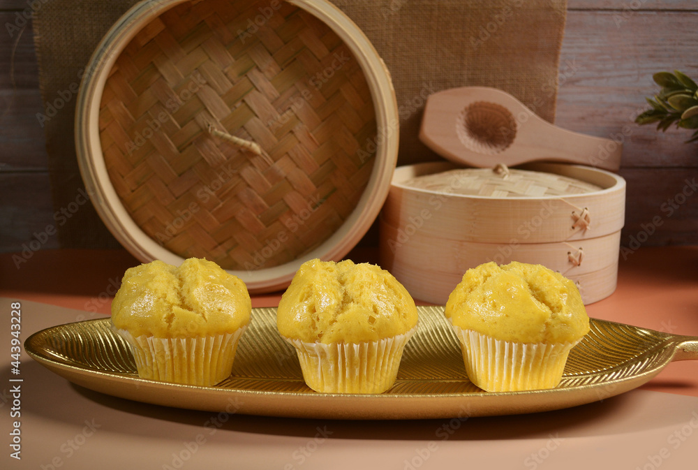 traditional local steam yellow cup cake huat kueh dessert with ...