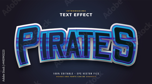 Blue Pirates Text in E-sport Style with Curved Effect. Editable Text Style Effect