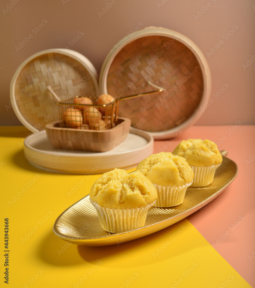 traditional local steam yellow cup cake huat kueh dessert with ...
