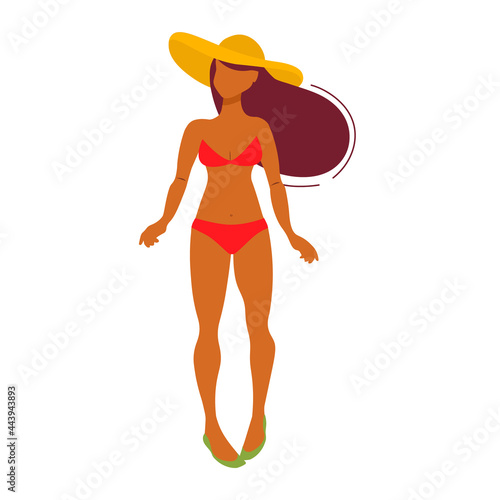 Young girl in a wide-brimmed hat and red bikini. Resting on the beach.