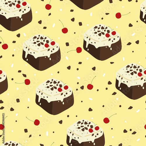 Cute seamless pattern with cartoon sweets and dessert for fabric print, textile, gift wrapping paper. colorful vector for kids, flat style
