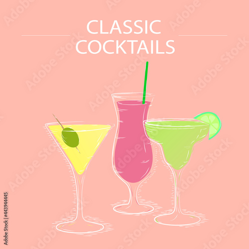 sketch of cocktails with fruits