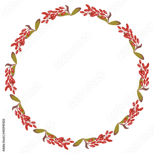 Round floral frame with clusters of ripe red berries. Botanical border with branches of dogwood or barberry. Cornus mas. Berberis.
