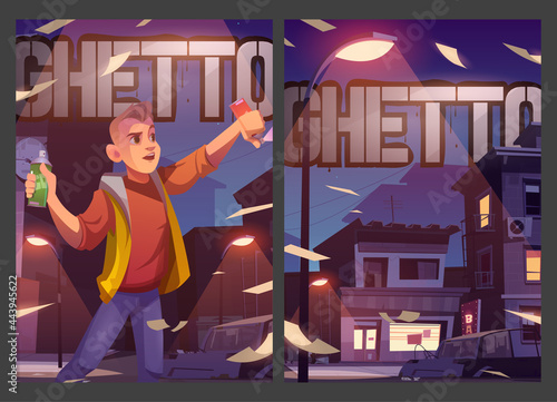 Ghetto posters with poor dirty houses and street artist with spray. Vector flyers with cartoon illustration of teenager painting on building and cityscape with slum, broken car and garbage