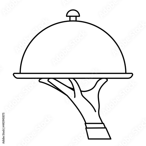 Elegant waiter hand holding silver serving tray with lid cover cloche for food. Vector flat outline illustration