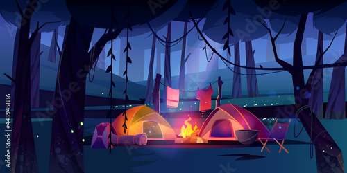 Night camping with tents, campfire and tourist stuff in dark forest. Cozy traveler halt with chair, drying clothes on nature landscape with trees and glowworms scenery view Cartoon vector illustration