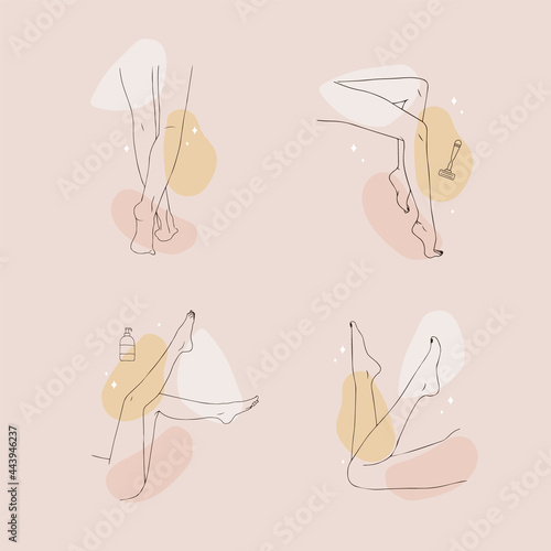 Hair removal. Linear female smooth legs. Woman body care. Vector Illustration of elegant feet in a trendy minimalist style. Epilation, beauty and health concept.