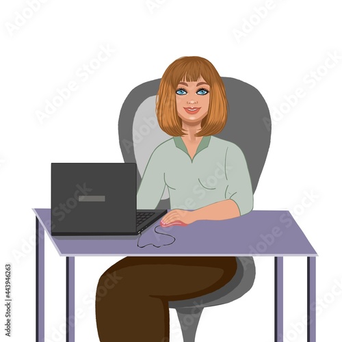 A business woman sitting at a desk, working on a laptop in a cozy office atmosphere. Freelancer with a computer on a white background. For a manual, checklist, presentation, advertisement, booklet