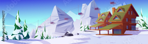 Winter mountain landscape with houses or chalet and funicular. Ski resort settlement with cableway over spruce trees and snowy peaks. Wintertime holidays vacation cottages, Cartoon vector illustration