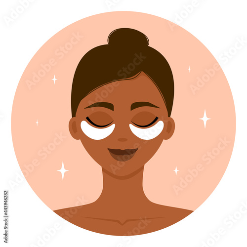 Afroamerican girl with cosmetic patches on her face. Moisturizing and care. Home, daily facial. Vector illustration.