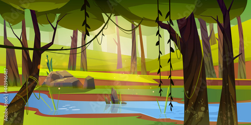 Cartoon forest background with stream flow under green trees with lianas along rocky shore. Wild nature landscape, beautiful scenery view, summer or spring wood area with plants, Vector illustration