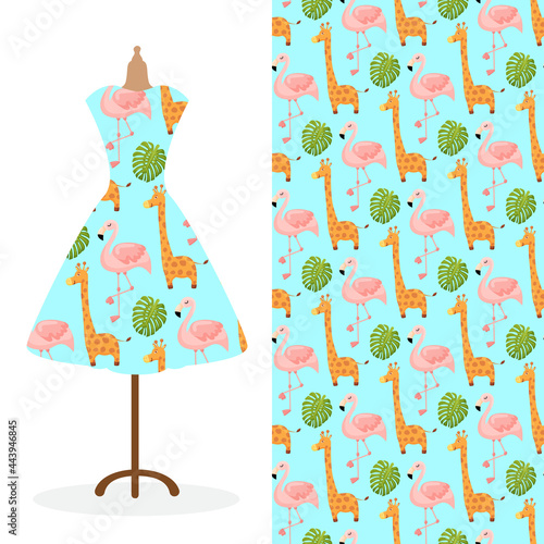 Womens long dress mock up with bright seamless hand drawn pattern for textile, paper print. 