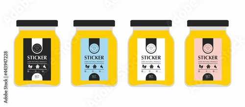 Set of colored vector jars with labels. Ghee labels. Template for a sticker on a glass jar.