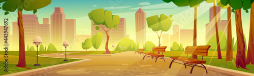 City park with benches summer scenery landscape. Urban garden with street lamps along pathway perspective view on cityscape background, empty public place with green trees, Cartoon vector illustration