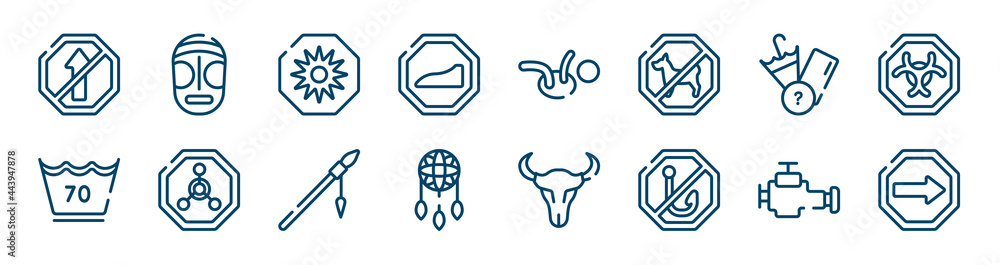 universal warning signals icons set such as native american mask, slope, lost items, 70 degrees, native american spear, malfunction indicador outline vector signs. symbol, logo illustration. linear universal warning signals icons set such as native american mask, slope, lost items, 70 degrees, native american spear, malfunction indicador outline vector signs. symbol, logo illustration. linear
