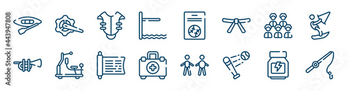 fishing icons set such as crank arm, diving board, baseball team, trumpets, sac scriptures, whey protein outline vector signs. symbol, logo illustration. linear style icons set. pixel perfect vector