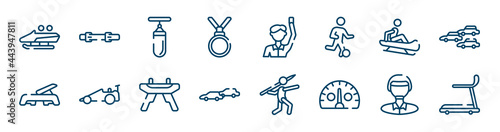 gym equipment icons set such as diving belt, nobel prize, sledding, fitness step, pommel horse, polo player outline vector signs. symbol, logo illustration. linear style icons set. pixel perfect