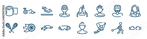 thai boxing icons set such as kart racing, cyclist, rugby player, lacrosse, autocross, hammer throwing outline vector signs. symbol, logo illustration. linear style icons set. pixel perfect vector