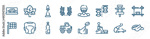 golf icons set such as mapple leaf, laurel wreath, paddock, black flagged, isotonic, drifting outline vector signs. symbol, logo illustration. linear style icons set. pixel perfect vector graphics.