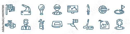 sport avatars icons set such as handbrake, skydiver, crankset, horsepower, golf caddy, oil down outline vector signs. symbol, logo illustration. linear style icons set. pixel perfect vector